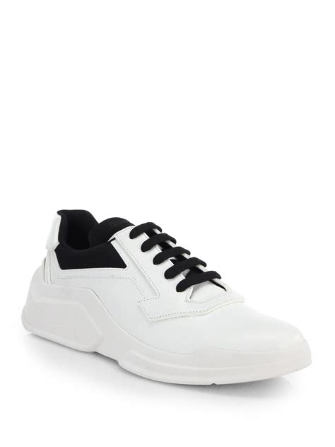 prada contrast-stitch spazzolato leather sneakers|white prada shoes.